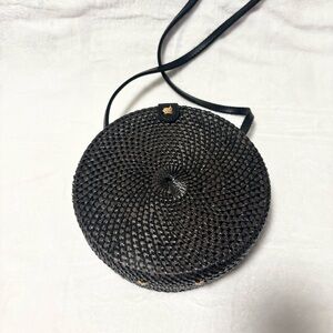Handmade Black Rattan Round Crossbody Bag with Boho Lining